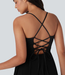 Lace Up 2-in-1 High Low Contrast Mesh Flowy Low Support Mini Dance Active Dress with Pocket DD-F Cups
