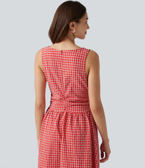 Boat Neck Sleeveless Gingham Midi Casual Dress with Pockets