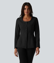 Wrinkle-Resistant U Neck Long Sleeve Work Linen-Feel Blazer