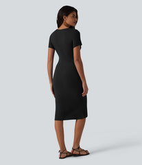 Ribbed Knit Henley Short Sleeve Midi Bodycon Mermaid Casual Dress