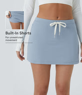 Mid Low Rise Drawstring Side Zip Pocket 2-in-1 Mini Casual Cotton Skirt