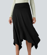 High Waisted Ruched Flowy Midi Casual Skirt