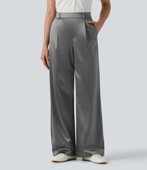 High Waisted Straight Leg Satin Work Pants with Pockets