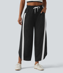 High Waisted Drawstring Curved Hem Color Block Casual Wide Leg Sweatpants with Pockets