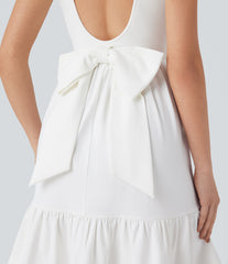 Boat Neck Scoop Back Bow Mini Dress