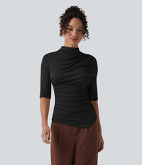 Ribbed Knit Mock Neck Half Sleeve Ruched Asymmetric Hem Casual Top