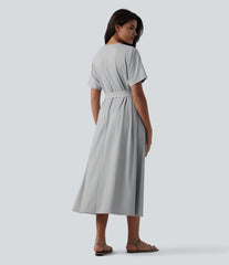 Round Neck Short Sleeve Belted Midi Flowy Casual T-Shirt Dress with Pockets