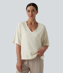 V Neck Half Sleeve Casual Linen-Feel Top