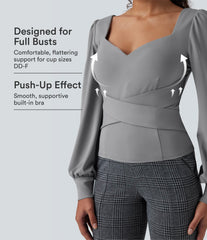 Sweetheart Neck Push-Up Puff Long Sleeve Work Top DD-F Cups