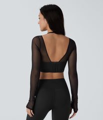 Halter Long Sleeve Thumb Hole Contrast Mesh 2-in-1 Cropped Yoga Sports Top