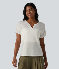 Semi Sheer V-neck Short Sleeve Lyocell Casual T-Shirt