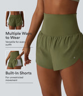 Breezeful™ Foldover Super High Waisted Crossover Hem 2-in-1 Quick Dry Workout Shorts with Pockets