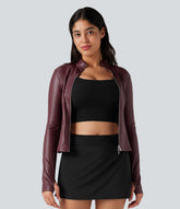 Stand Collar Long Sleeve Thumb Hole Fleece Casual PU Leather Jacket