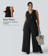 V Neck Sleeveless Belted Stripe InstantCool Work Plus Size Jumpsuit with Pockets-Easy Peezy