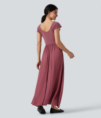 U Neck Short Sleeve Flowy Maxi Casual Dress
