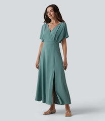 V Neck Short Sleeve Midi Casual Linen-Feel Dress with Pockets