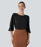Boat Neck Keyhole Back Bishop Sleeve Work Linen-Feel Blouse