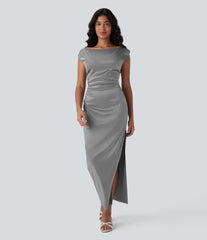 Boat Neck Cap Sleeve Ruched Satin Dress