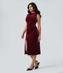 Cowl Neck Sleeveless Split Ruched Bodycon Midi Velvet Dress