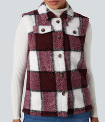 Curved Hem Casual Plaid Sherpa Vest
