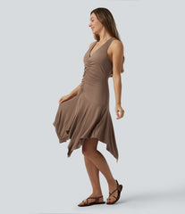 V Neck Ruched Racerback Asymmetric Hem Midi Casual Dress