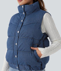 Halara Flex™ Denim Stand Collar Casual Puffer Vest with Pockets