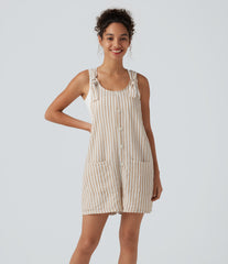 Knot Strap Stripe Casual Linen-Feel Short Overalls with Pockets