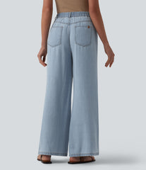 Mid Rise Draped Wide Leg Casual Jeans with Pockets