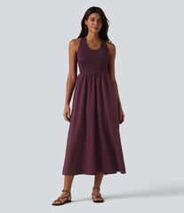 U Neck Midi Casual Dress with Pockets