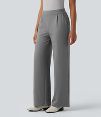 High Waisted Stripes Work Wide Leg Pants with Pockets
