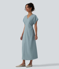 V-neck Short Sleeve Invisible Zipper Ruched Maxi A-line Work Dress
