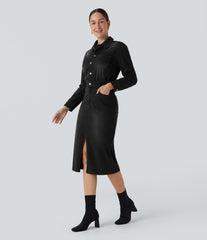 Halara Flex™ Denim Long Sleeve Midi Casual Shirt Dress with Pockets