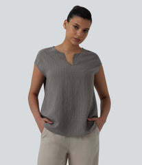 Notched Collar Sleeveless Stripe Casual Linen-Blend T-Shirt