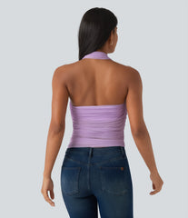 Halter Backless Ruched Mesh Overlay Built-in Bra Resort Tank Top