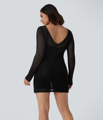 Long Sleeve Slim Mini Hollow Out Linen-Feel Dress