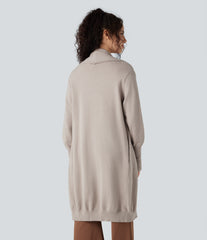 Lapel Long Sleeve Longline Work Cardigan with Pockets