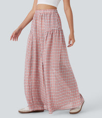 High Waisted Pocket Wide Leg Flowy Plaid Casual Pants