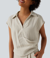 Cap Sleeve Ruched Casual Linen-Feel Shirt