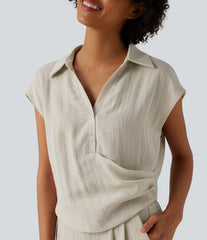 Cap Sleeve Ruched Casual Linen-Feel Shirt