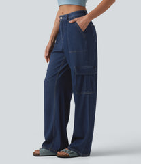 Halara Flex™ Mid Rise Draped Lyocell Washed Casual Straight Leg Cargo Jeans with Pockets