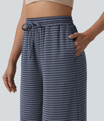 Ribbed Knit Stripes High Waisted Drawstring Casual Baggy Pants with Pockets