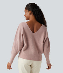 V Neck Long Sleeve Casual Sweater-Front and Back Wearable