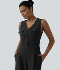 V-neck Sleeveless Pleated Work Jumpsuit with Pockets-Easy Peezy