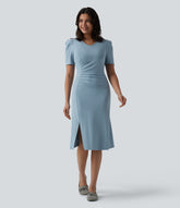 V Neck Short Sleeve Midi Casual Dress
