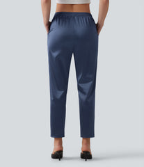 High Waisted Tapered Satin Casual Pants with Pockets
