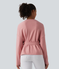 Round Neck Batwing Long Sleeve Belted Relaxed Casual Top