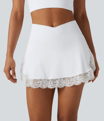SoftlyZero™ Airy High Waisted Crossover 2-in-1 Lace Hem InstantCool Mini Golf Skirt with Pockets-UPF50+