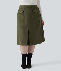 Mid Rise Midi Corduroy Casual Plus Size Skirt with Pockets