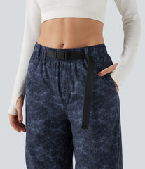 Adjustable Mid Rise Denim Print Camping Straight Leg Pants with Pockets