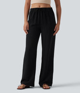 Mid Rise Drawstring Stripes Casual Linen-Blend Baggy Pants with Pockets